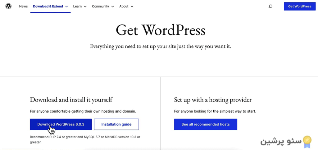 بر روی گزینه "Download WordPress" کلیک کنید